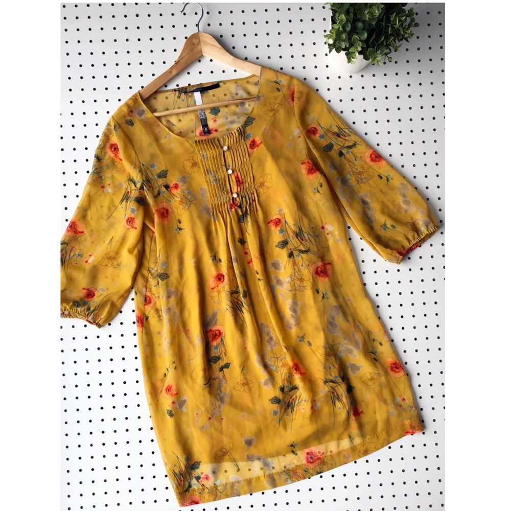 Sheer KENSIE floral shift dress 3/4 sleeves golden